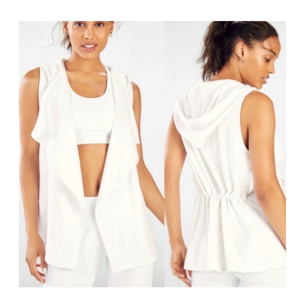 Fabletics Womens White Hooded‎ Sleeveless Drape Vest Jacket Size L